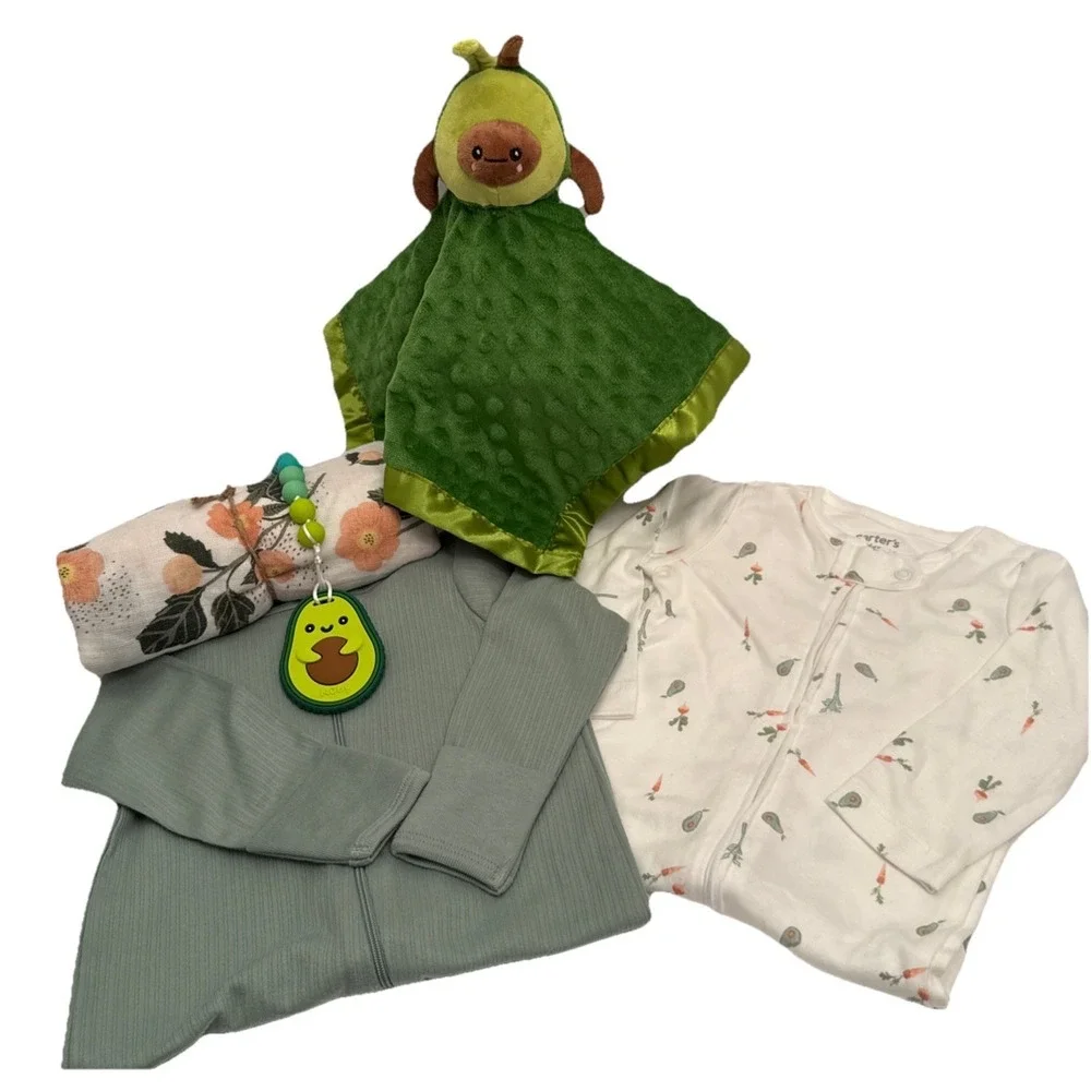 Avocado Girl Baby Shower, Avocado Pajama's, Bodysuit,‎ Teether, Lovey & Blanket